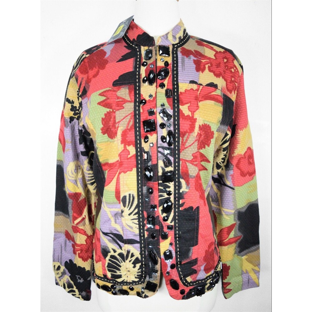 Investments Women's Size M Floral Beaded Full Zip Jacket  Long Sleeve NWT